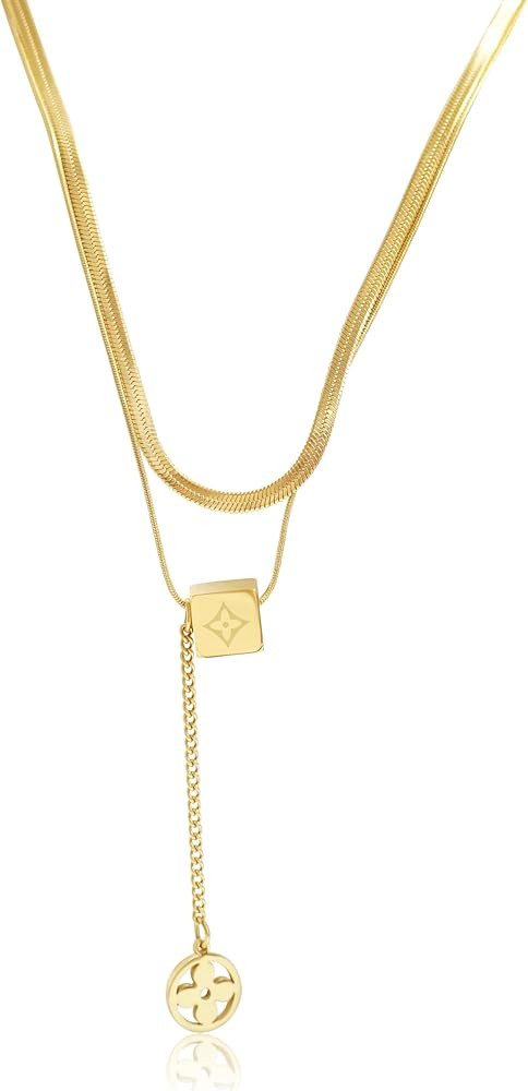 Gold Necklace Pendant with Dainty Stars & Crystals - 18K Gold Jewelry Stainless Steel Chain Neckl... | Amazon (US)