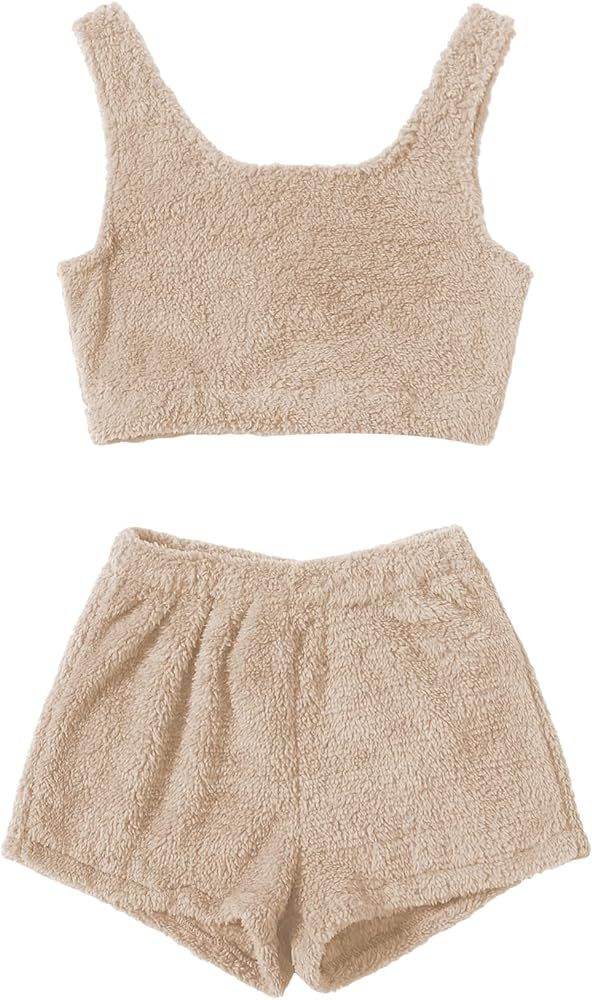 SweatyRocks Women's Fuzzy Pajamas Set Crop Tank Top With Shorts Loungewear | Amazon (US)