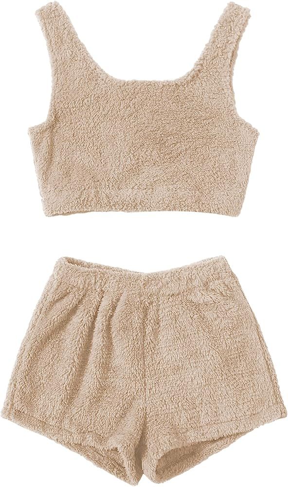 SweatyRocks Women's Fuzzy Pajamas Set Crop Tank Top With Shorts Loungewear | Amazon (US)