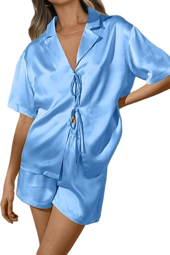 CHYRII Women's Silk Satin Pajamas Sets Tie Front Short Sleeve Tops and Shorts Two Piece Pj Sets S... | Amazon (US)