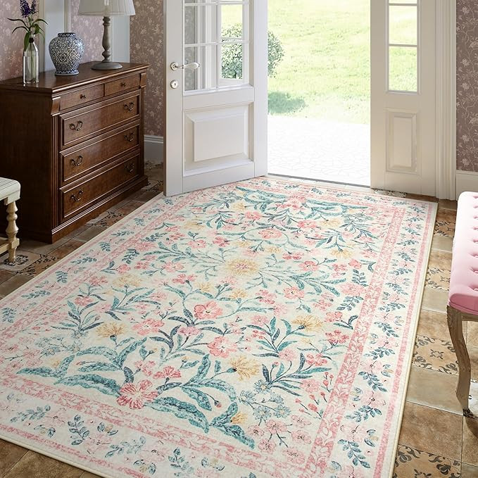Lahome Pink Washable Rugs for Bedroom Girls 6x9, Boho Floral Living Room Rugs Non-Slip, Soft Low-... | Amazon (US)