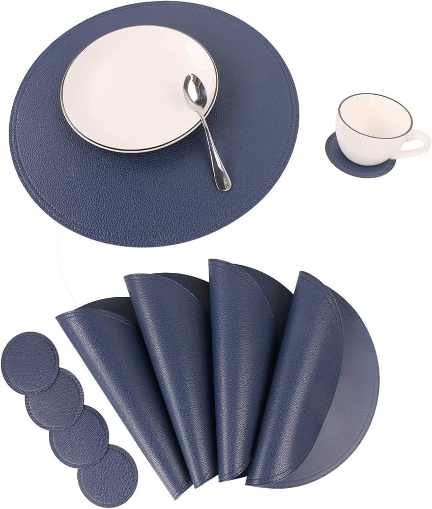 Jovono Navy Faux Leather Round Placemats and Coasters, Coffee Mats Kitchen Table Mats, Waterproof... | Amazon (US)