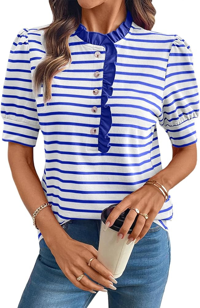 BLENCOT Summer T Shirt for Women Casual Puff Sleeve Button Down Ruffle Collar Striped Knit Blouse... | Amazon (US)
