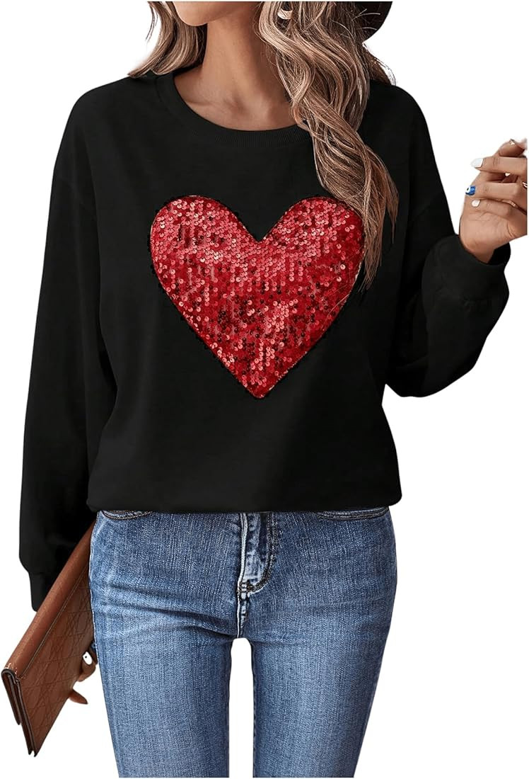 Floerns Women's Sequin Heart Sweatshirt Long Sleeve Drop Shoulder Pullover Tops | Amazon (US)