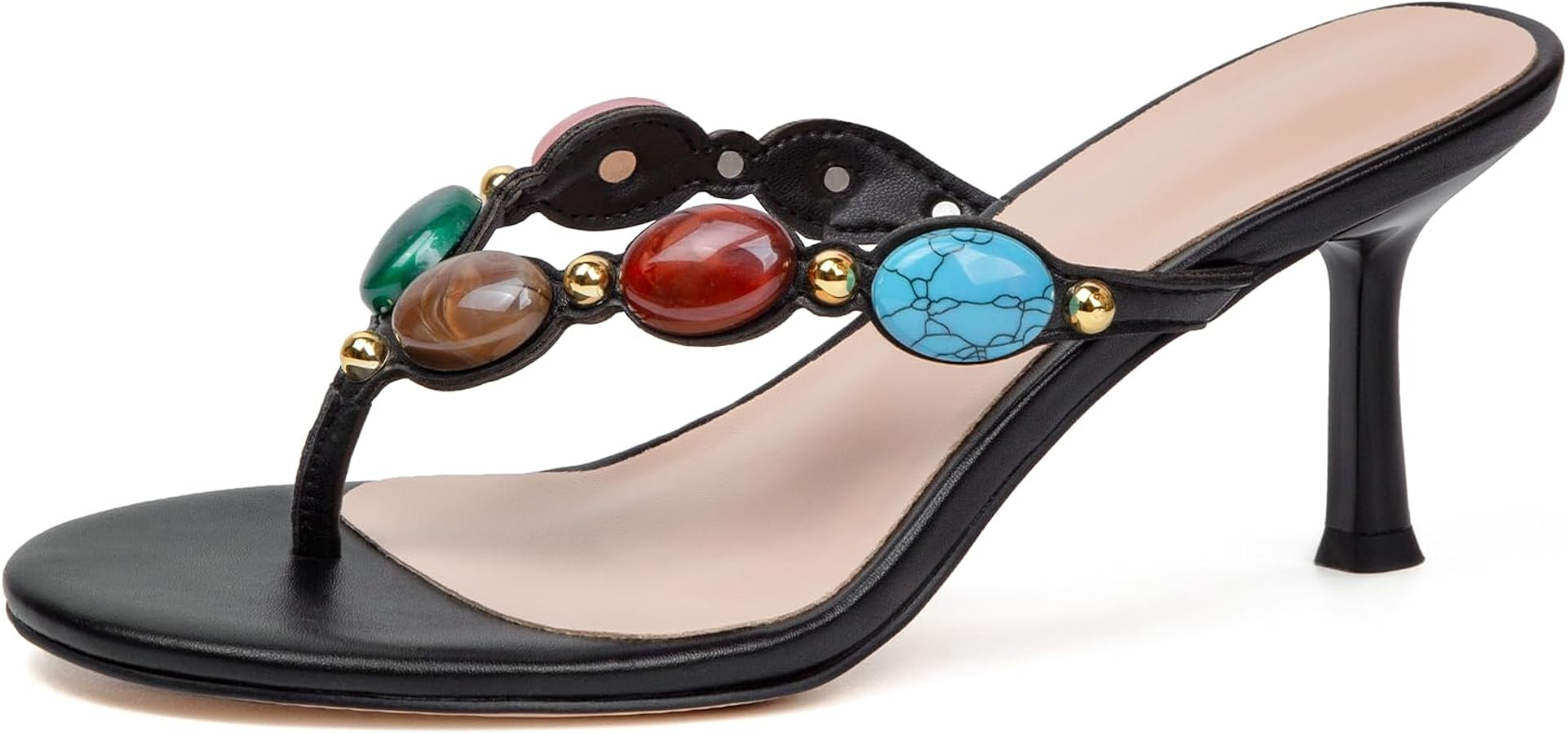 Jeweled Thong Heeld Sandals for Women Kitten Heel Round Open Toe Flip Flops Fashion Summer Beach ... | Amazon (US)