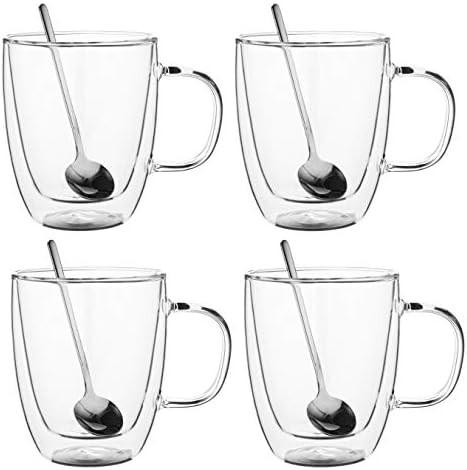 AMEDY'S Set Of 4 Insulated Double Wall Glasses With Handles & 4 Teaspoons – Durable 12 Oz (350 ml) C | Amazon (US)