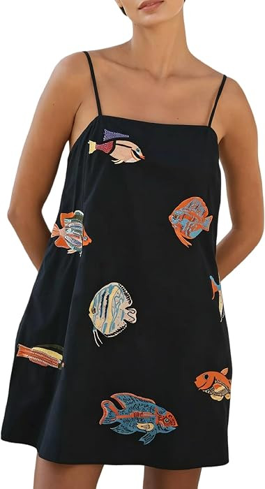 Women Boho Mini Cami Dress Graffiti Spaghetti Strap Aline Fruit Dress Cute Colofrul Short Beach Sundress | Amazon (US)