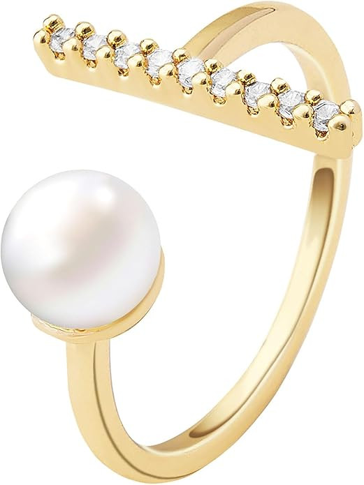 16K Gold-Plated Open Eternity Gold Ring, Women’s Freshwater Pearl Ring| Cubic Zirconia Stackabl... | Amazon (US)
