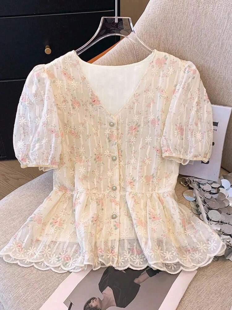 EMERY ROSE Plus Size Women V-Neck Single-Breasted Short Puff Sleeve Elegant Embroidered Floral Bl... | SHEIN