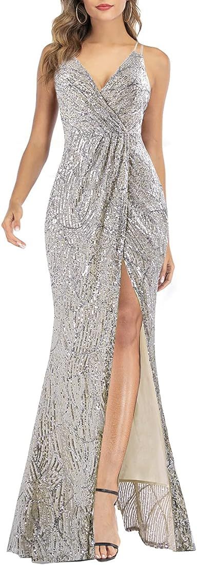 A ARFAR Women Sequin Party Dress V-Neck Sphagetti Strap Dress Sexy High Slit Dress Formal Evening... | Amazon (US)