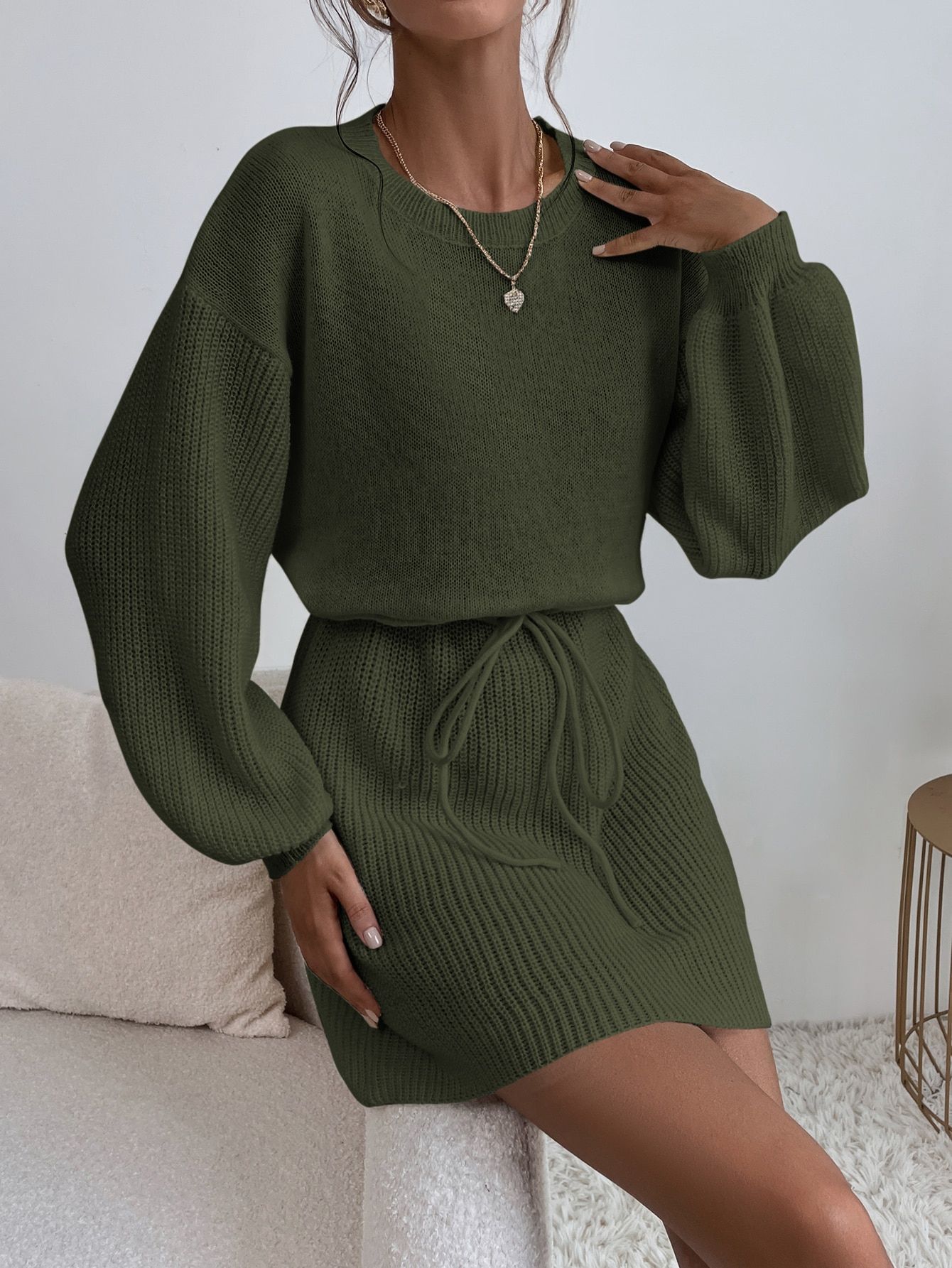 Ribbed Knit Drop Shoulder Drawstring Waist Sweater Dress | SHEIN