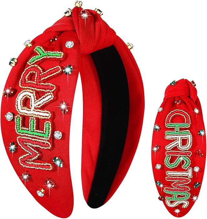 Christmas Headband for Women Jeweled Xmas Plaid Headband Embellished Crystal Pearl Knotted Headba... | Amazon (US)