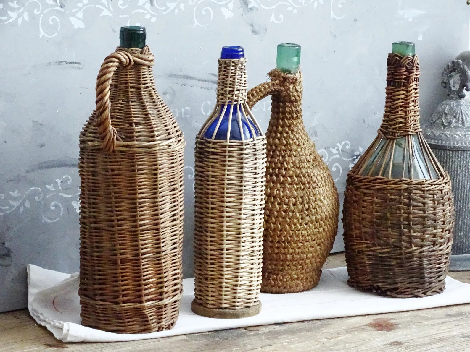 European Wicker Demijohn, Old Woven Basket Wrapp Demijohn, Green Blue Glass Bottle, Carboy, Wine ... | Etsy (US)