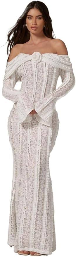 Women's 2025 Spring Fall Dress Ivory Lace Off Shoulder Long Sleeve Dress | Amazon (US)