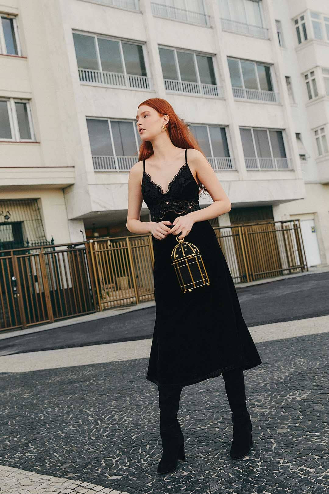 black richelieu velvet slip dress | FarmRio (US)