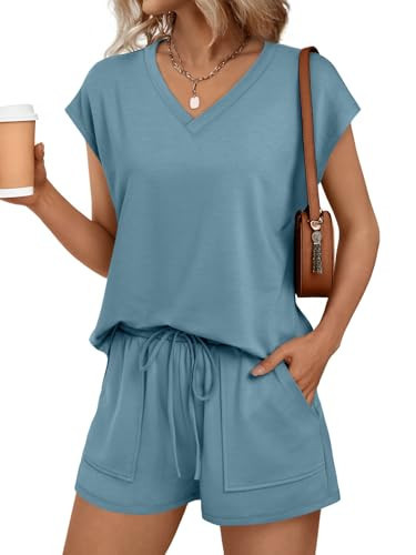 AUTOMET Women 2 Piece V Neck Matching Lounge Sets Clothing Spring Cap Sleeve Shirt and Shorts Loungewear 2026 Summer Travel Airport Outfit Cruise Beach Vacation Clothes Gym Resort Wear | Amazon (US)