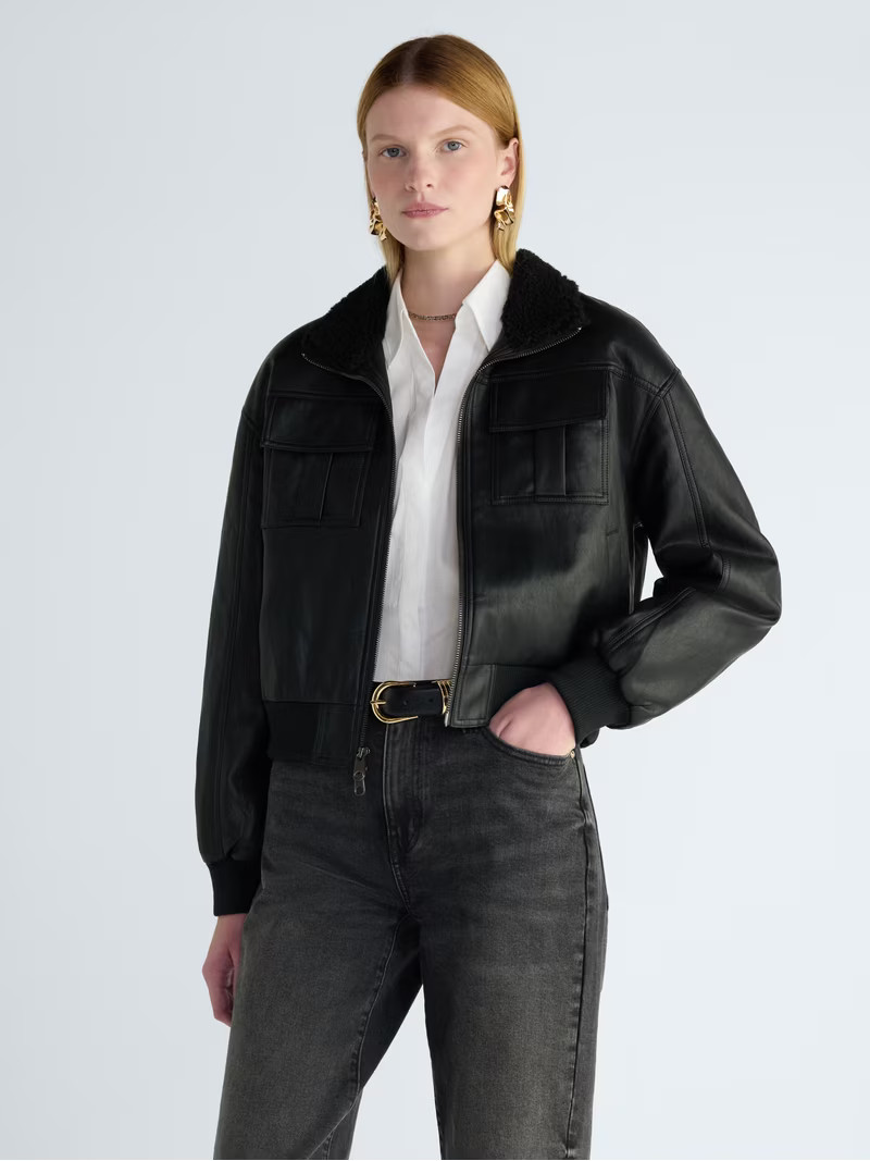 Scoop Women's and Women's Plus High Neck Faux Leather Cargo Bomber Jacket, Sizes XS-4X | Walmart (US)