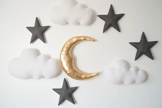 Large Set Ceiling Hanging White Soft Clouds Grey Stars Silver Gold Moon Cot Decorations Baby Room... | Etsy (US)