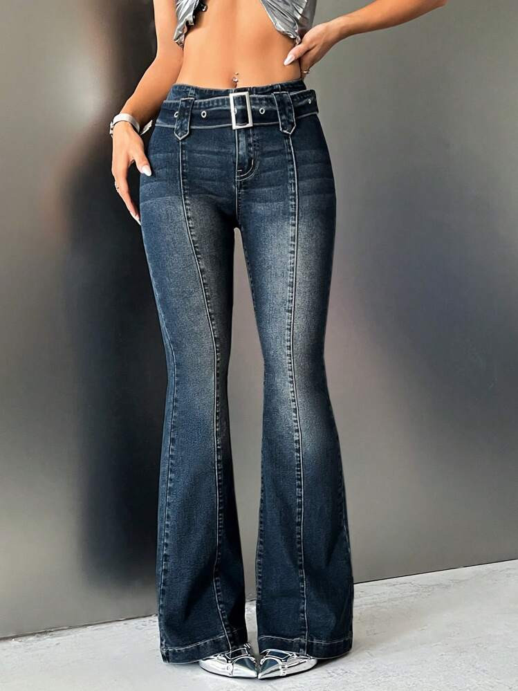 SHEIN ICON Low-Rise Belted Boot Cut Jeans | SHEIN