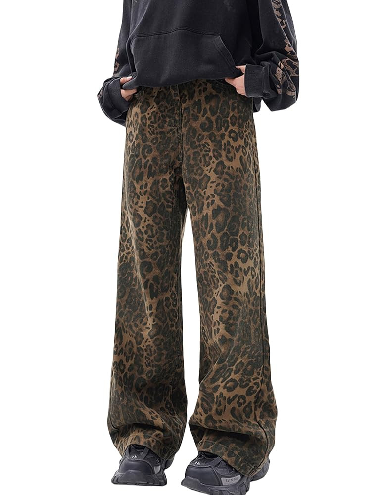 Y2k Leopard Pants Wide Leg Jeans Woman Loose Fit Jeans Hip Hop Pants Vintage Baggy Trousers | Amazon (US)