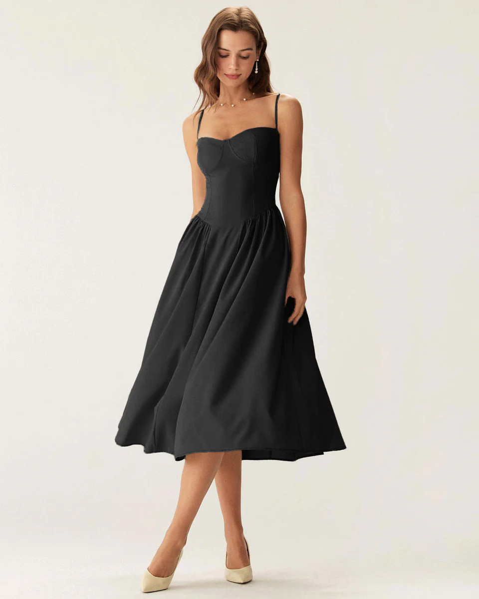 Black Square Neck Pocket Slip Midi Dress | rihoas.com