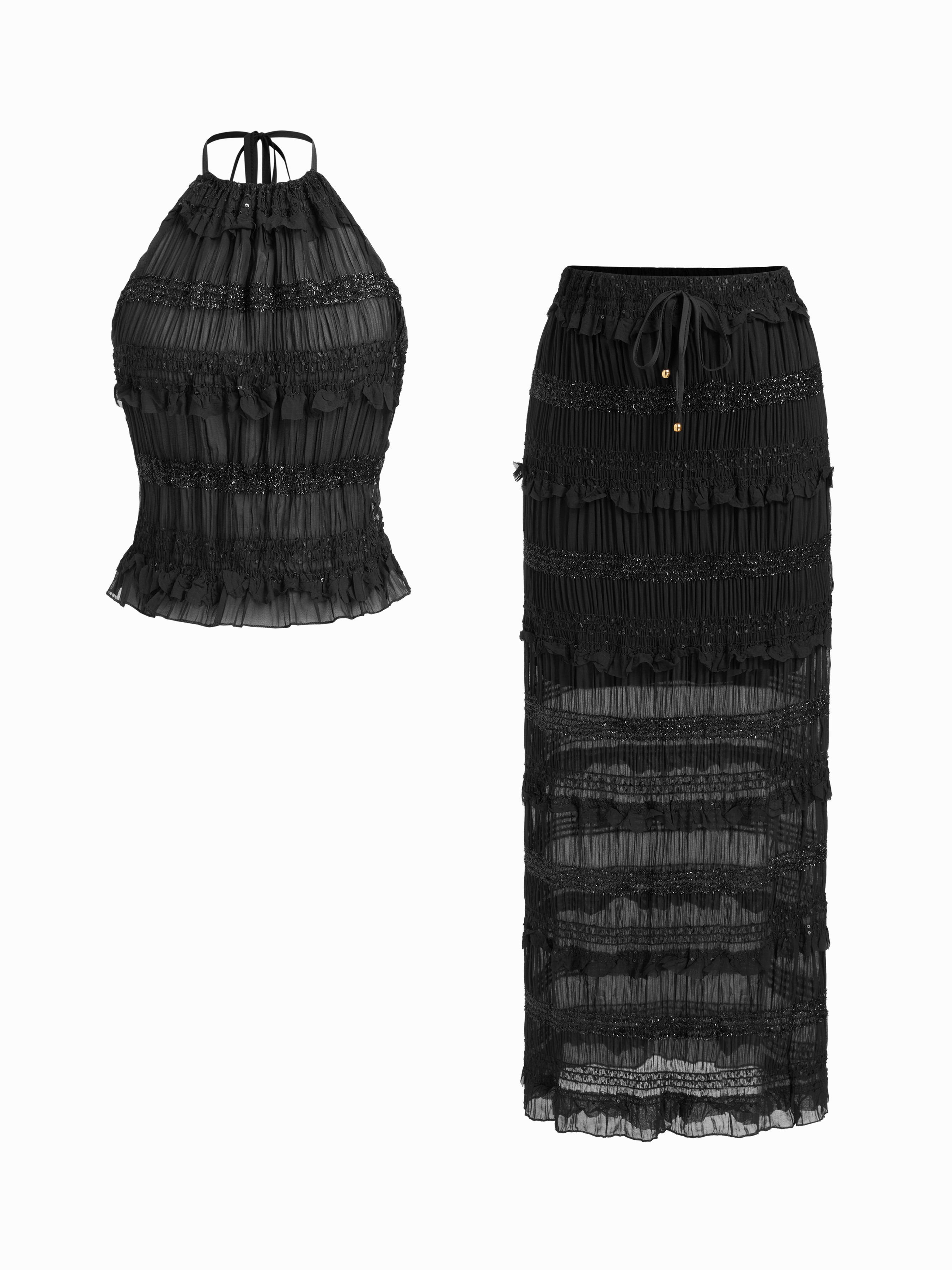 Jacquard Jacquard Textured Ruffled Top & Mid Rise Bodycon Maxi Skirt Set For Date Daily Casual | Cider