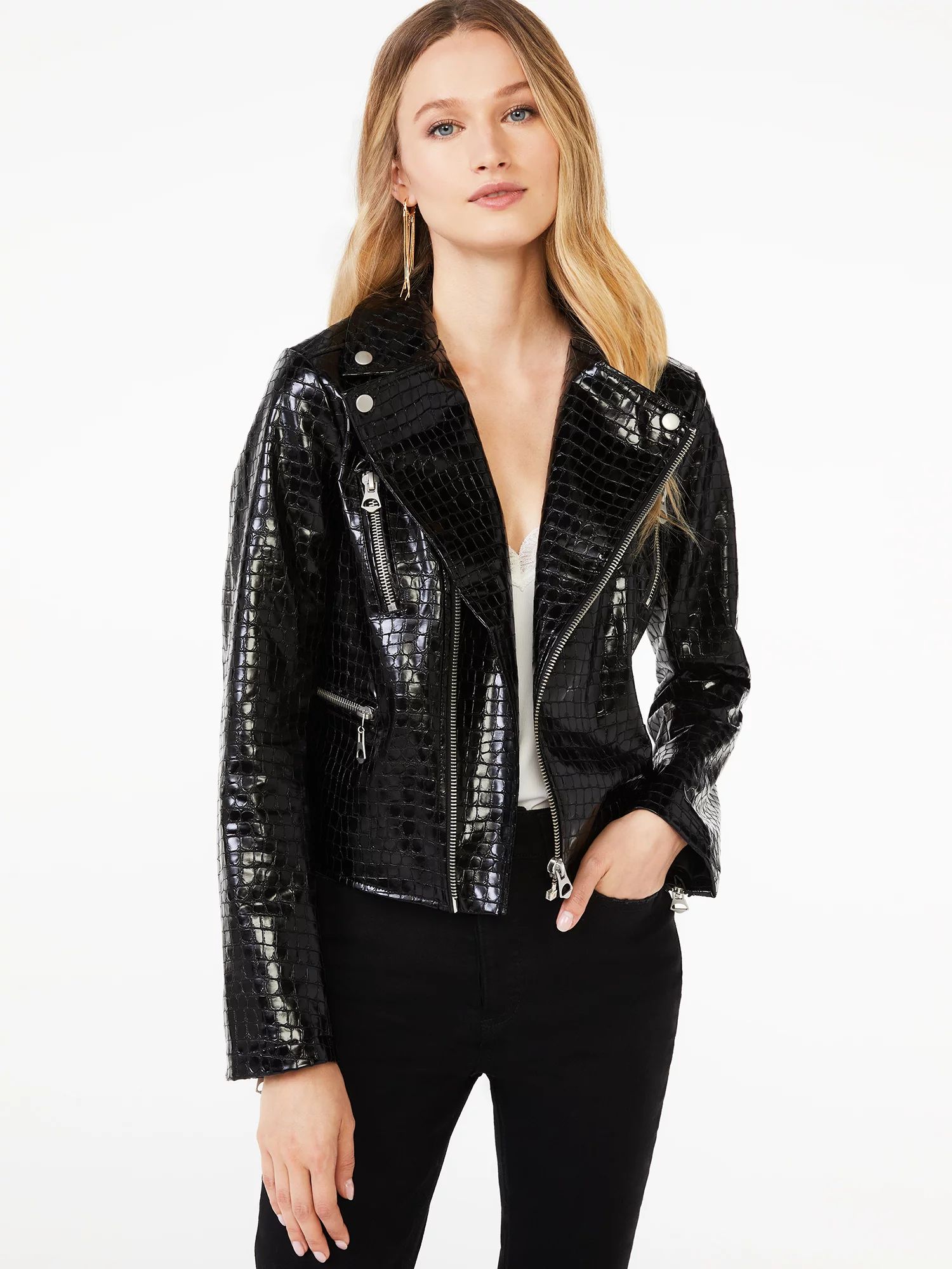 Scoop Women's Faux Leather Shine Croc Moto Jacket | Walmart (US)