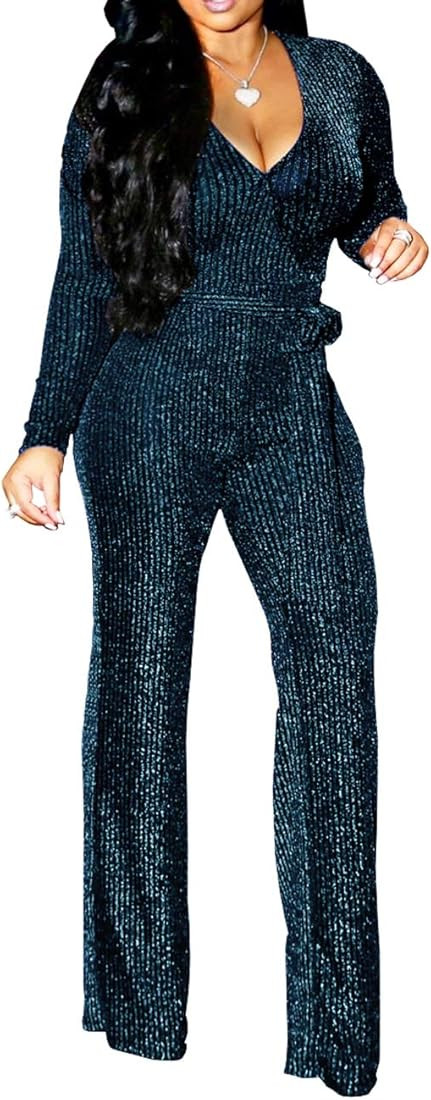 HannahZone Women's Sexy Sparkly Jumpsuits Clubwear Long Sleeve Elegant Party Rompers High Waisted Wi | Amazon (US)