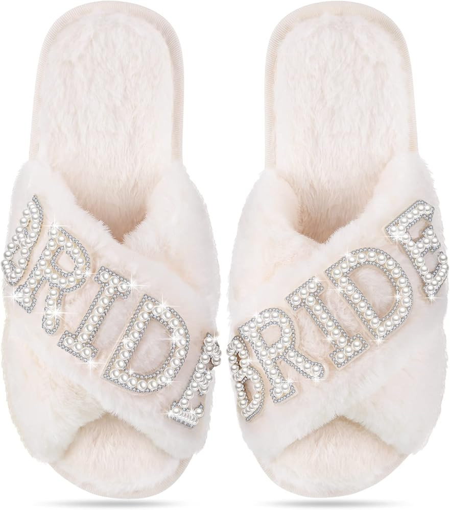 Jiuguva Bride Slippers for Wedding Day White Bridesmaid Slippers Mother of the Bride Gifts for Br... | Amazon (US)