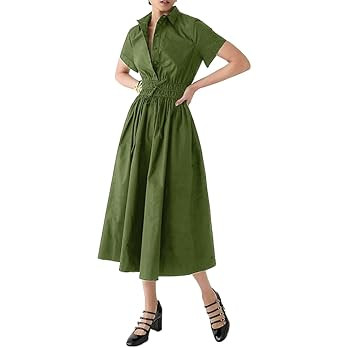 Ladyful Women Casual Button Down Short Sleeve Shirt Dress Tie Waist Midi Shirt Dress Elegant Busi... | Amazon (US)