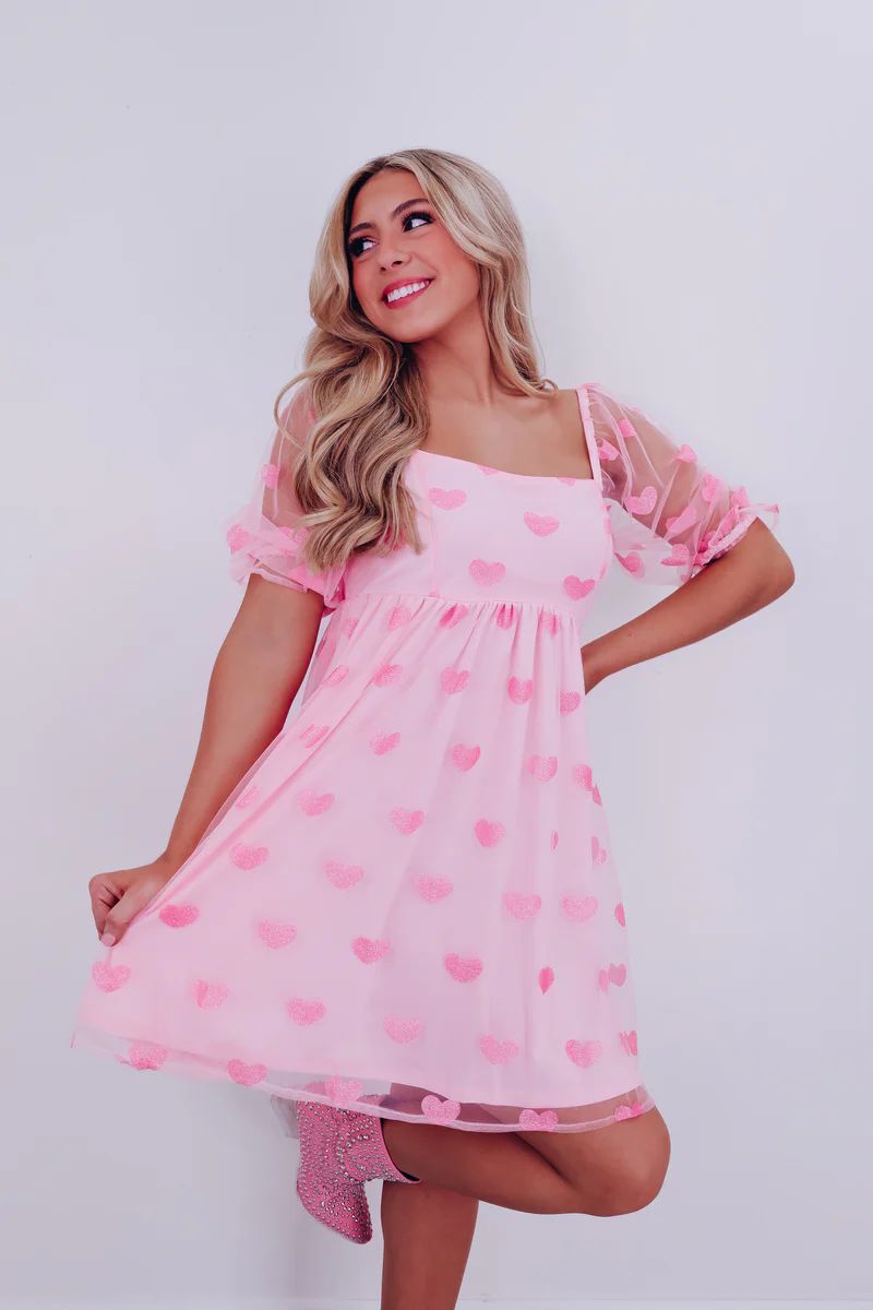 Charming Heart Print Chiffon Mini Dress - Pink | Whiskey Darling Boutique
