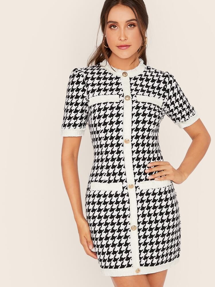 Contrast Trim Frayed Edge Button Up Houndstooth Tweed Dress | SHEIN