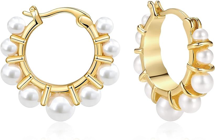 Pearl Gold Hoop Earrings for Women, 14K Plated Gold Hoop Earrings Lightweight Faux Pearl Earrings... | Amazon (US)