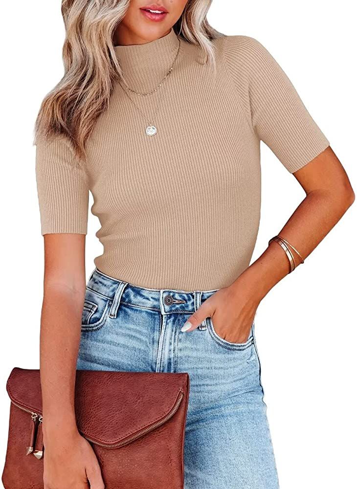 Lacozy Women Casual Basic Mock Neck Top Short Sleeve Shirt Slim Fit Ribbed Knit Pullover Sweater | Amazon (US)