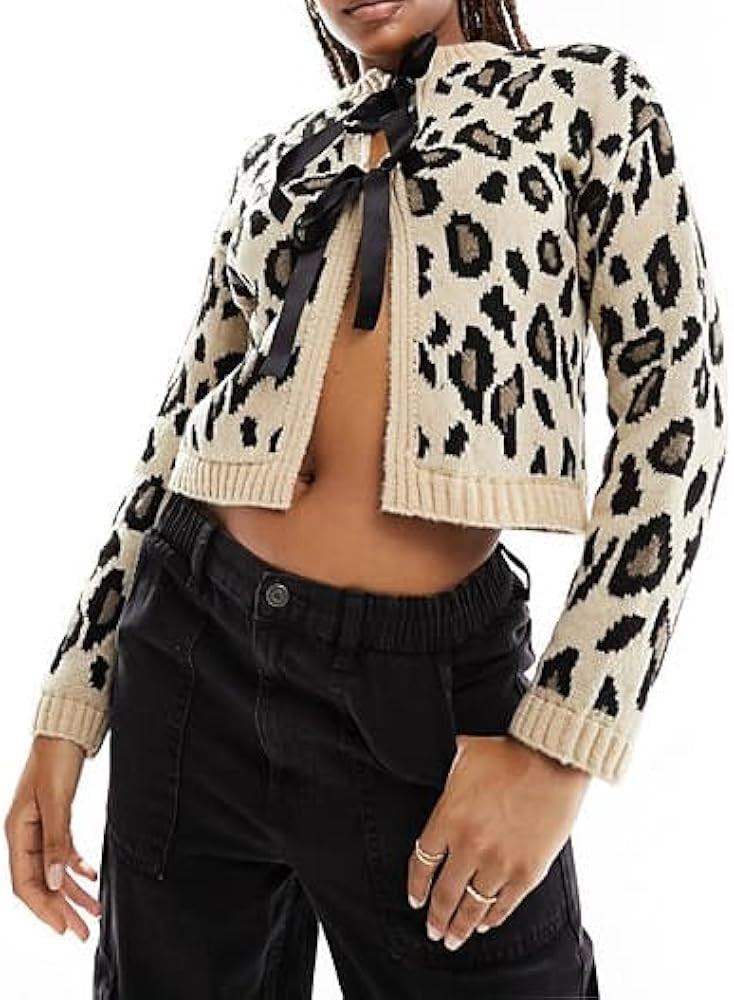 Women Y2k Long Sleeve Bow Front Cardigan Sweaters Tie Open Front Crew Neck Knit Crop Shirts 2024 ... | Amazon (US)