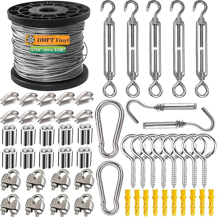 1/16 Inch 304 Stainless Steel Wire Rope Kit - 100ft 7x7 Strand Core Vinyl Coated Aircraft Cable w... | Amazon (US)