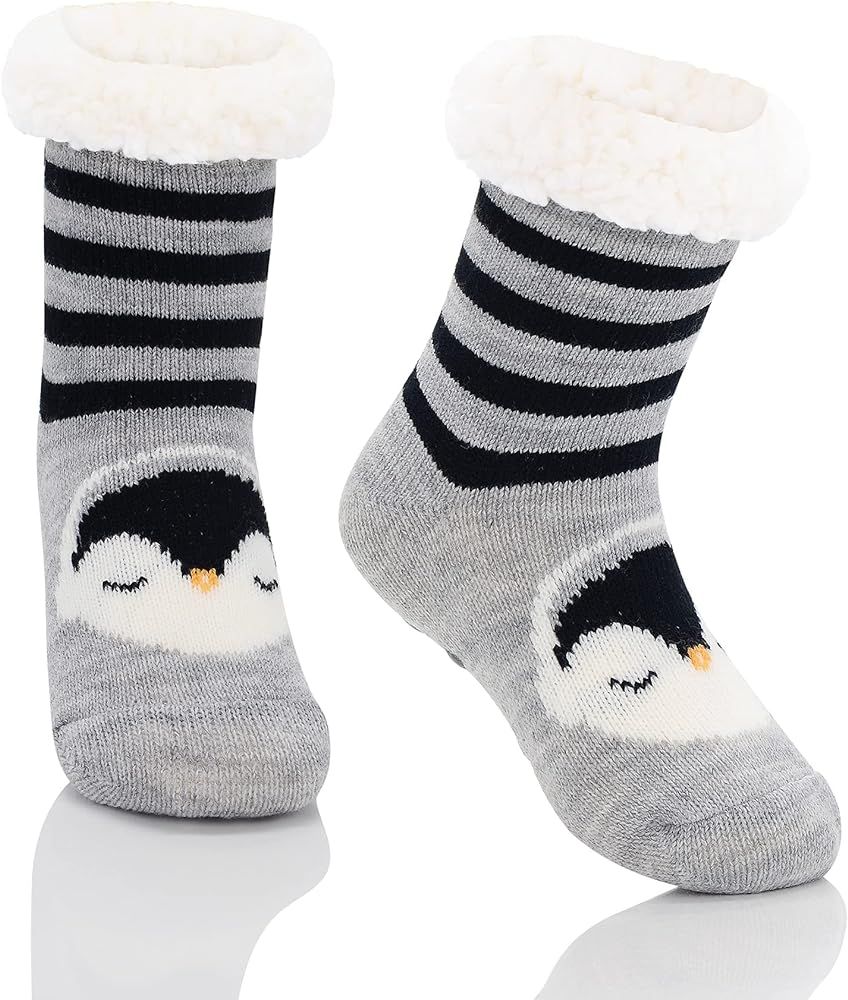 Zando Kids Girls Boys Slipper Socks Christmas Warm Fleece Fuzzy Socks Non-Skid Children Animal Th... | Amazon (US)