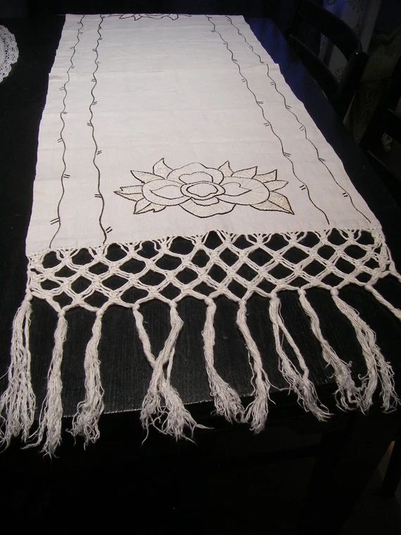Vintage Handmade Swedish Ecru Linen/Cotton Table Runner with Hand Embroidery and Macrame Fringes. Sw | Etsy (US)