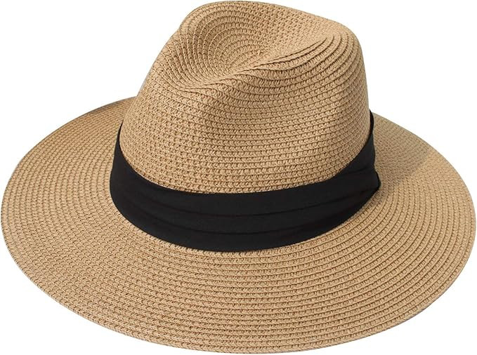 DRESHOW Women Straw Panama Hat Travel Fedora Beach Sun Hat Summer Wide Brim Straw Roll up Hat UPF... | Amazon (US)