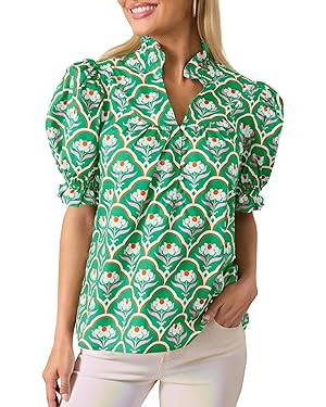 Womens Puff Short Sleeve Floral Shirt Ruffle V Neck Button Front Blouse Pleated Top | Amazon (US)