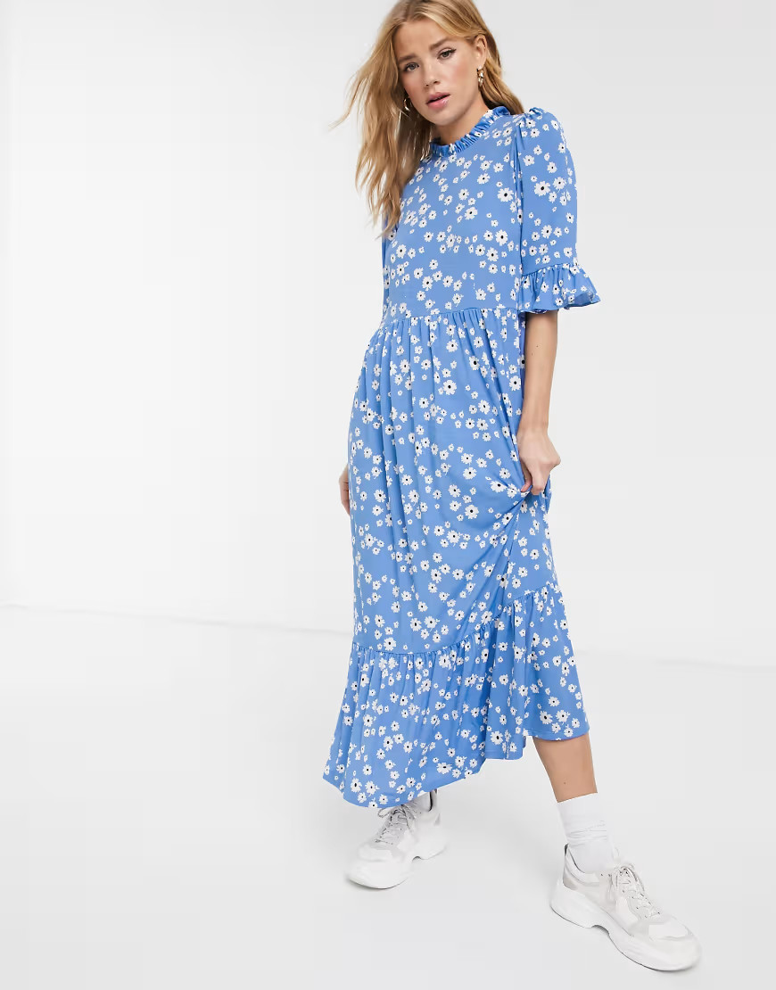 ASOS DESIGN smock maxi dress in blue daisy print-Multi | ASOS (Global)