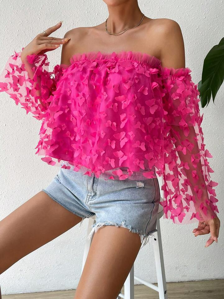 SHEIN Privé Off Shoulder Butterfly Appliques Detail Blouse | SHEIN