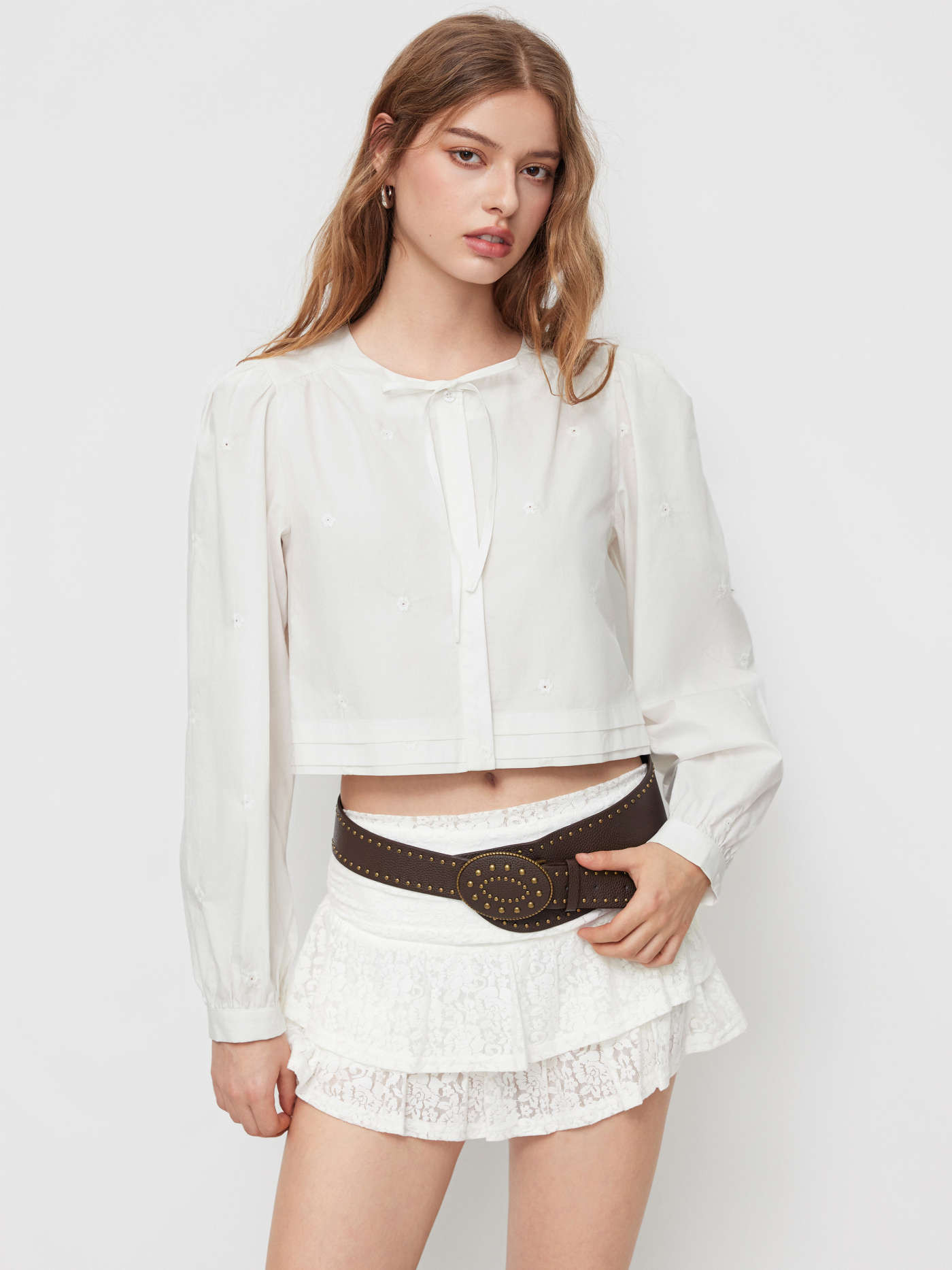 Woven 100% Cotton Floral Embroidery Long Sleeve Bowknot Crop Blouse For Daily Casual | Cider