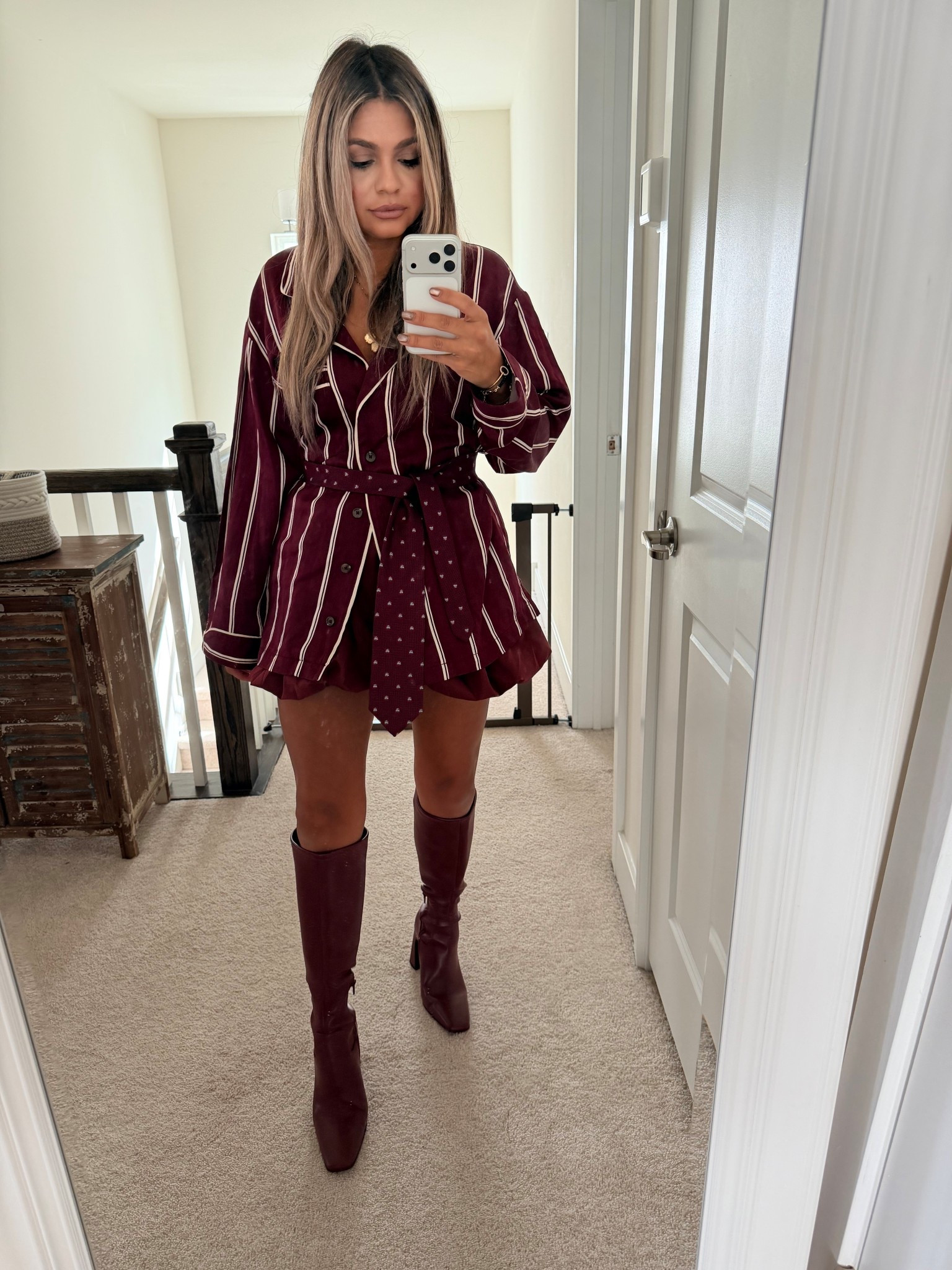 Loving this fall outfit 
Burgundy is the color of the season . Took this button down and tied my hubby’s tie around it as a belt #LTKFallSale

#LTKStyleTip #LTKSeasonal