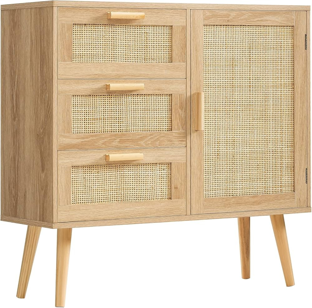Iwell Storage Cabinet with Natural Rattan Door & 3 Drawers, Adjustable Shelf, Rattan Cabinet, Acc... | Amazon (US)