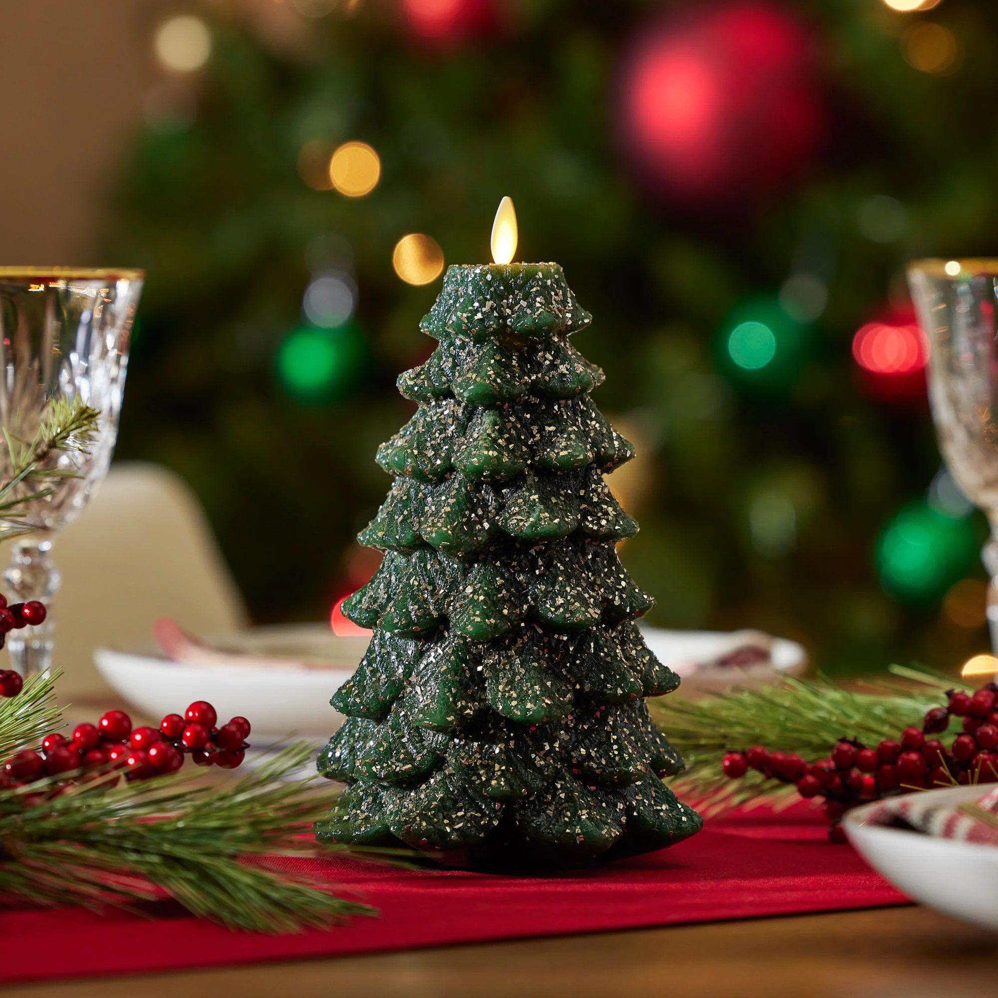 Green Glitter Holiday Tree Flameless Candle | Luminara