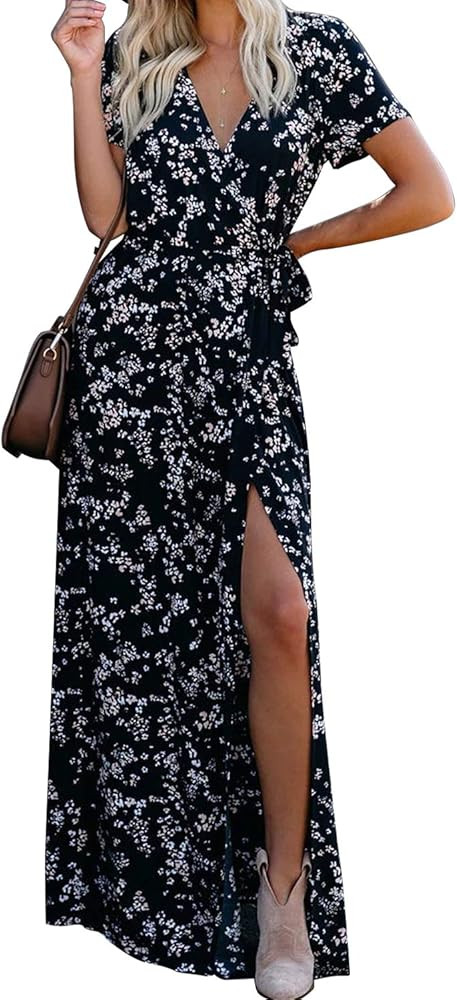 Womens Wrap Maxi Dress Short Sleeve V Neck Tie Waist Floral High Slit Long Dresses | Amazon (US)