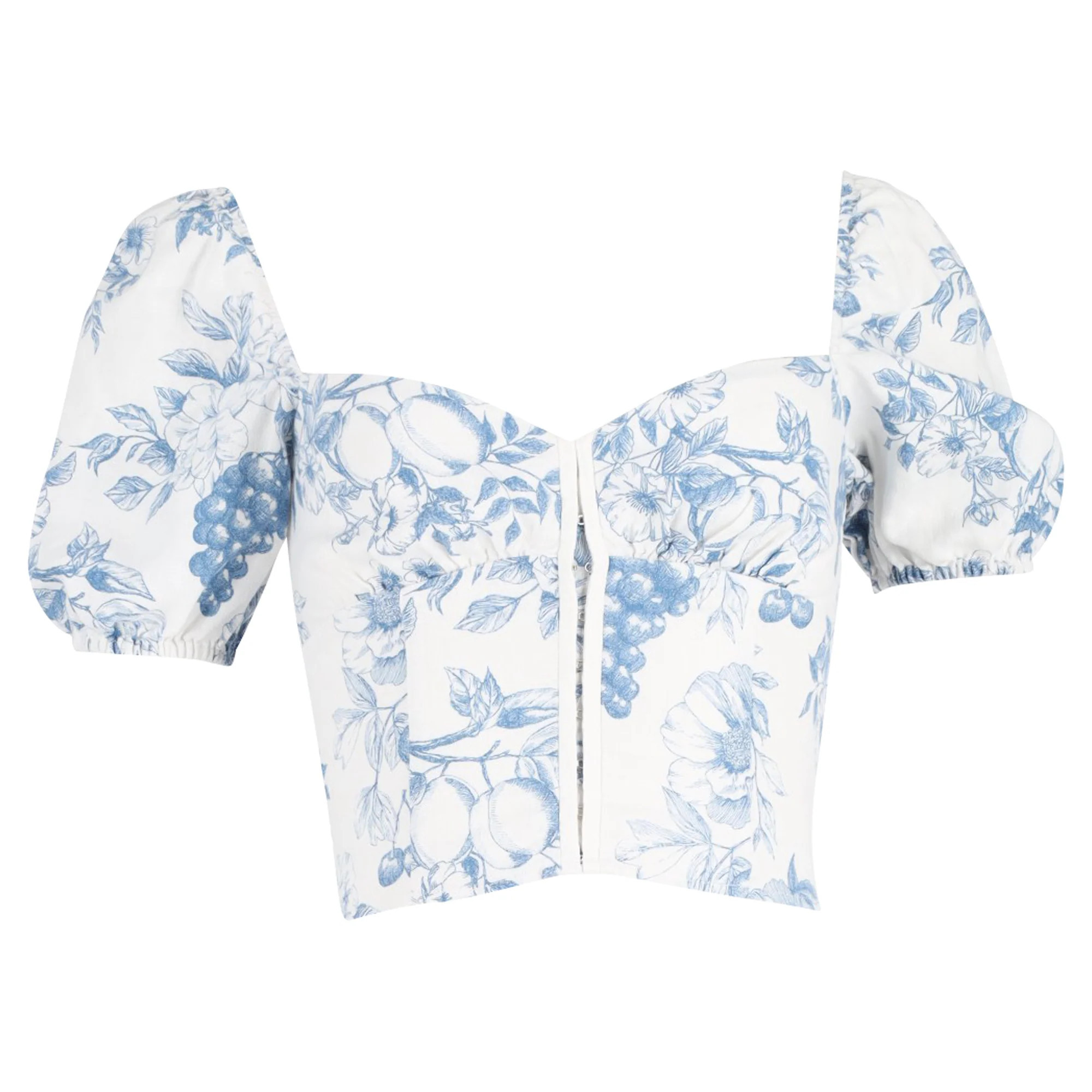 Reformation Rome Floral Puffed Sleeve Crop Top in Blue Linen | Shop Simon
