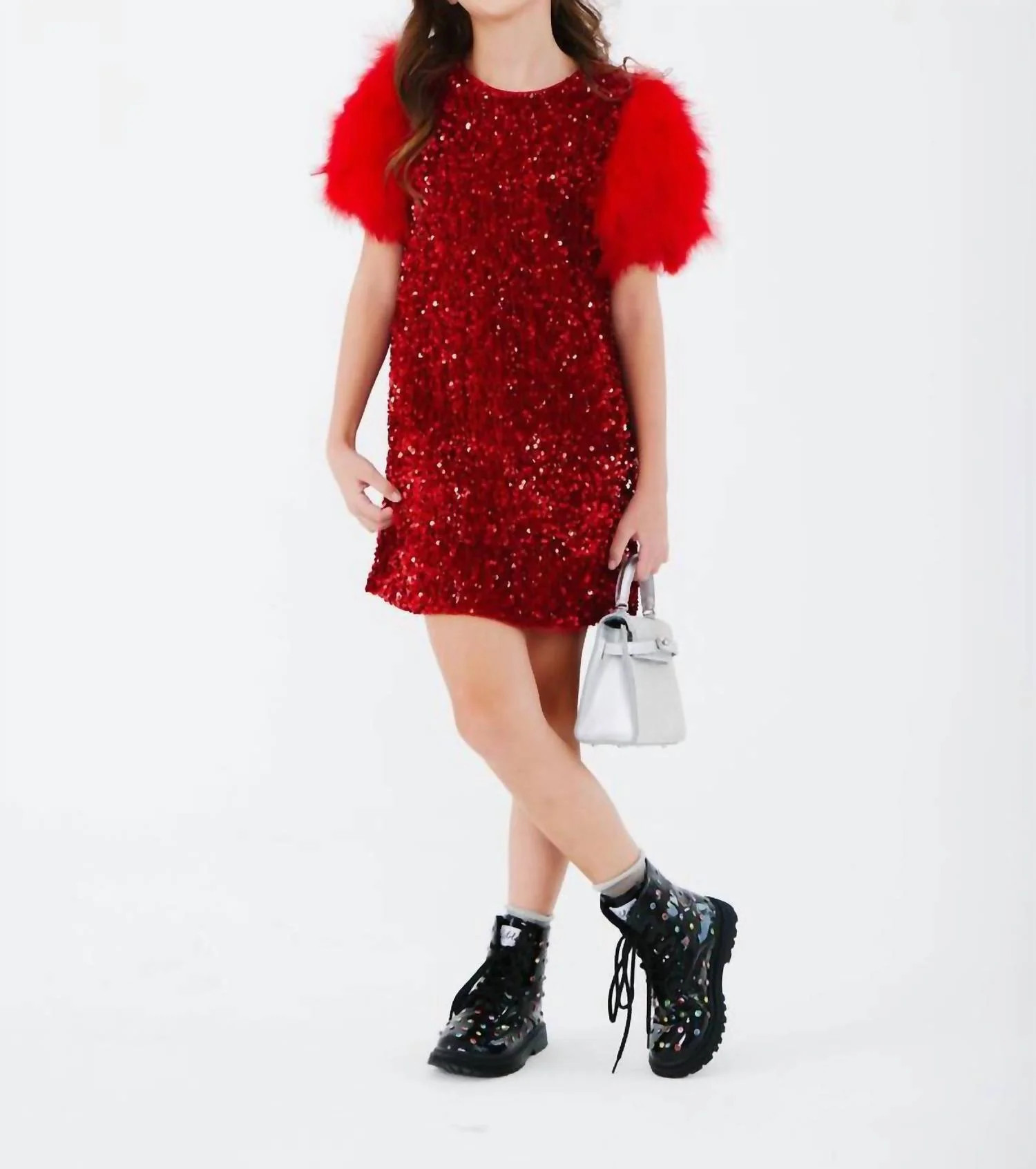 Girls Sequin & Feather Party Dress In Red | Shop Simon