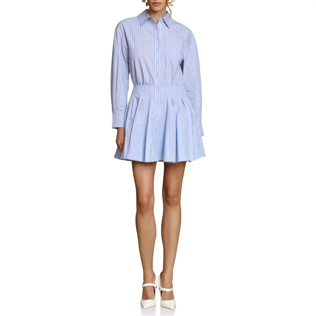 Avec Les Filles Stripe Long Sleeve Cotton Button-Up Minidress in Blue Stripe Multi at Nordstrom Rack, Size 12 | Nordstrom Rack